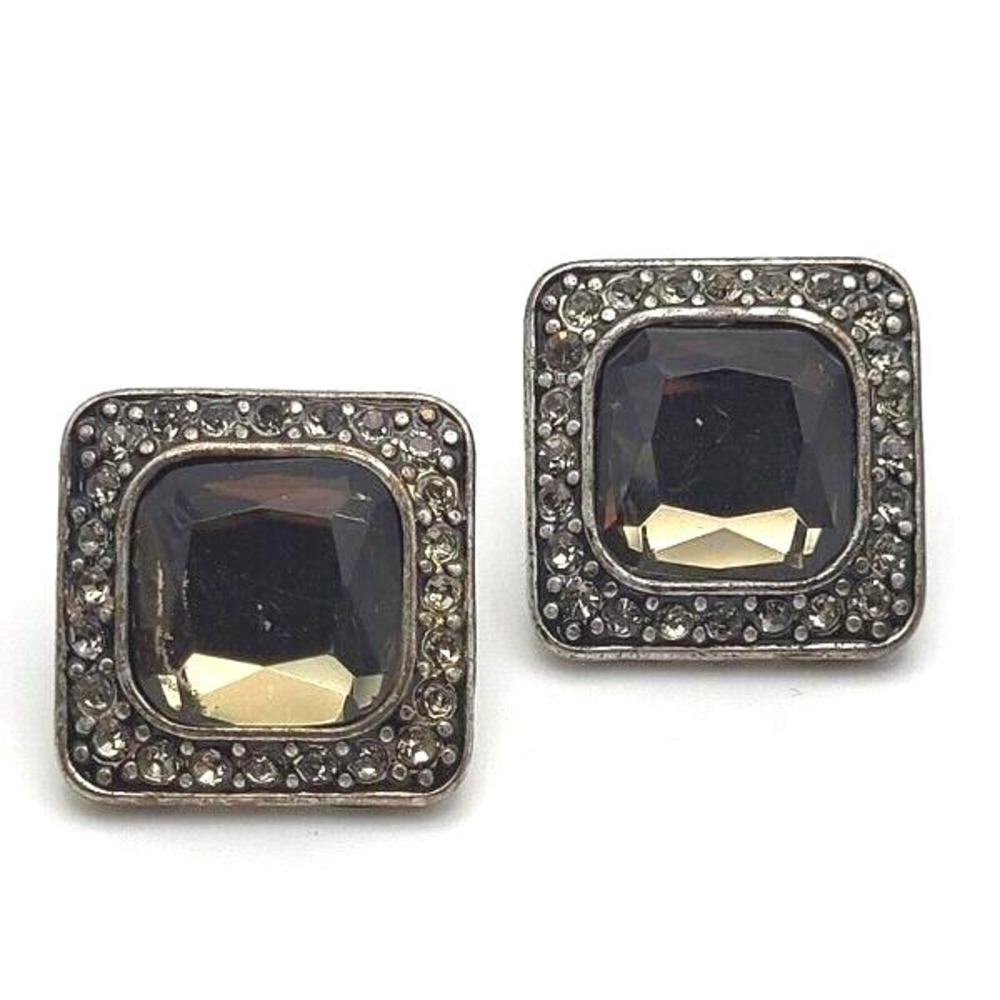 Vintage Golden-Green Stone Framed in Rhinestones Set in Silvertone Post Earrings